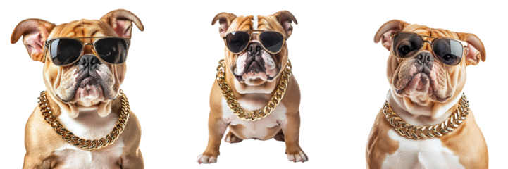 Set of cool dogs in glasses with a gold chain isolated on transparent background PNG