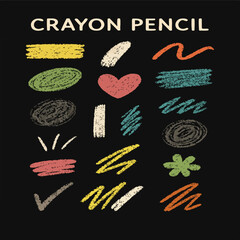Colorful Hand Drawn Crayon Pencil Doodle Elements on Black Background – Arrows, Shapes, Flowers, Lines for Creative Projects

