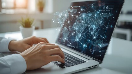 Close-up of a person's hands typing on a laptop with a glowing world map network, illustrating global business, communication, and data technology.