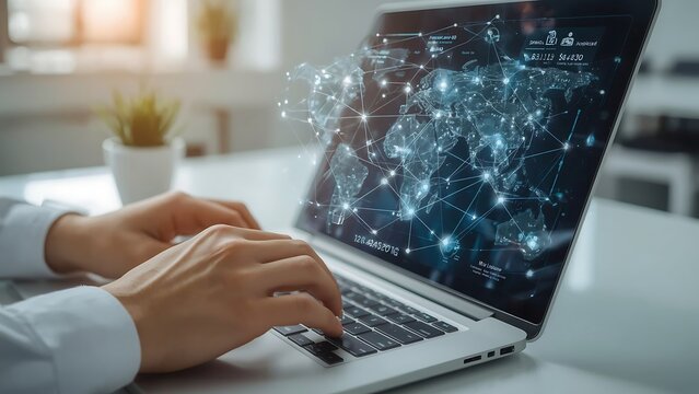 Close-up of a person's hands typing on a laptop with a glowing world map network, illustrating global business, communication, and data technology. - Powered by Adobe