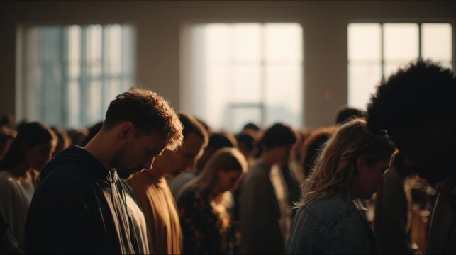 Diverse group of people praying and worshiping together in a church or spiritual gathering.