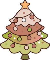 Cute Decorated Cartoon Christmas Tree With Star And Festive Ornaments