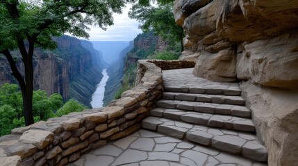 Worn Stone Steps Ascending to a Cliffside Overlook
