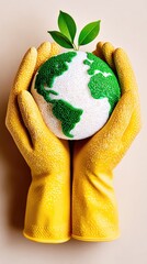 Yellow Gloved Hands Gently Holding a Sparkling Green and White Globe with a Sprout