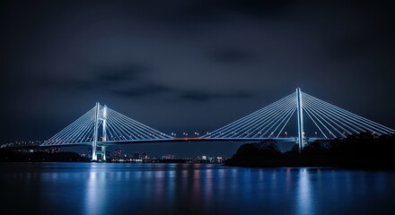 Fototapeta premium A modern cablestayed bridge is illuminated with blue lights at night reflecting