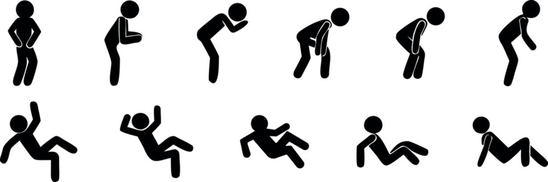 Stick figure man shows a sequence of fainting, falling, and lying down poses