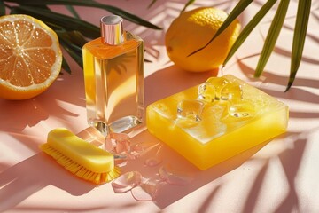 Minimalist flat lay of cleaning supplies  yellow sponge, brush, and soap on soft peach background