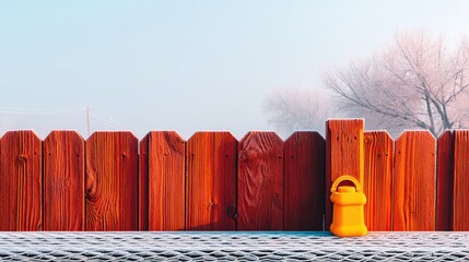 Yellow Watering Can by Frosty Wooden Fence in Winter