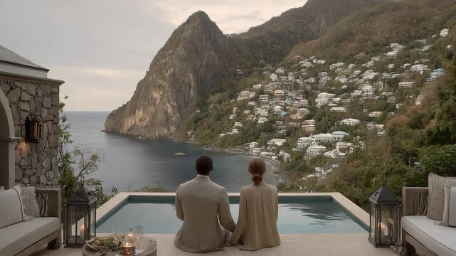 Romantic Getaway at Luxury Villa Overlooking the Pitons in Saint Lucia Caribbean,  Couple enjoying