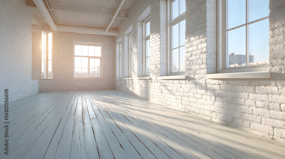 Poster an empty room with sunlight streaming through the windows, creating a bright and airy atmosphere
