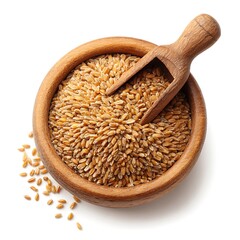 Wooden bowl filled with golden flax seeds and scoop isolated on white background