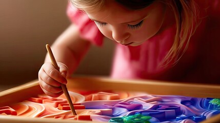Young Girl with Autism Tracing Letters in Colorful Sand