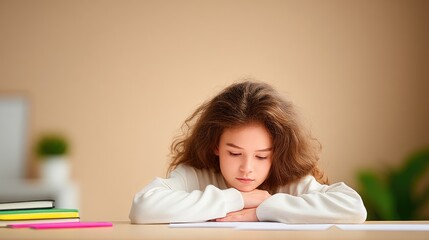 Young Girl with Curly Hair Concentrating on Schoolwork at a Desk