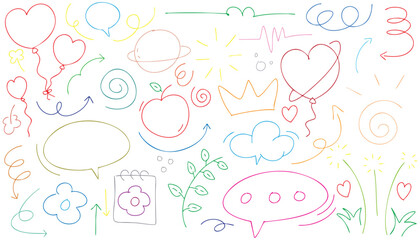 hand drawn landscape colorful doodle vector set, love, Natural , star, cloud, weather, rainbow, flower, bubble, heart and creative design vector collection.