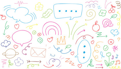 hand drawn landscape colorful doodle vector set, love, Natural , star, cloud, weather, rainbow, flower, bubble, heart and creative design vector collection.