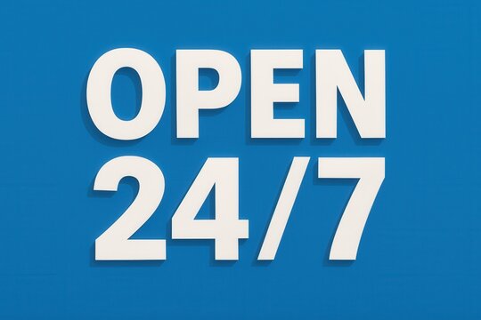 Bold white text displaying "Open 24/7" on a blue background, symbolizing constant availability or round-the-clock service.