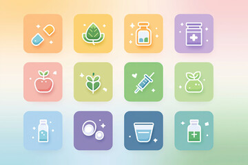 Neat Pastel Icons: Capsule, Syringe, Vitamin Bottle, Leaf & Water Glass