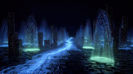 Obraz premium Futuristic city fountains at night