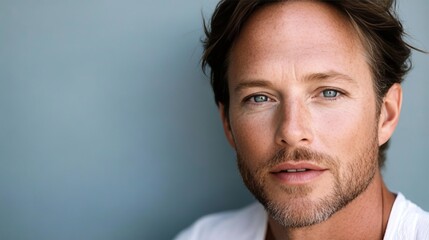 Fototapeta premium Confident Mature Man with Expressive Eyes and Freckles, Close-Up Highlighting Facial Details