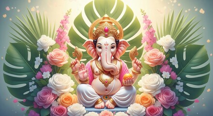Fototapeta premium Ganesha adorned with flowers and lush greenery in a serene vibrant setting