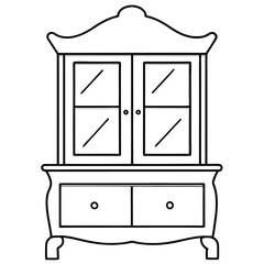 Vintage cabinet with glass doors and drawer isolated on transparent background