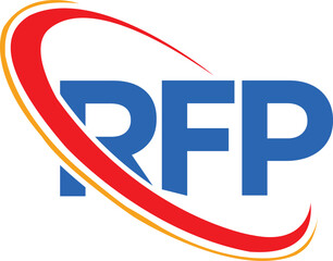 Professional RFP logo featuring dynamic red and orange swoosh around bold blue text. Ideal for corporate branding