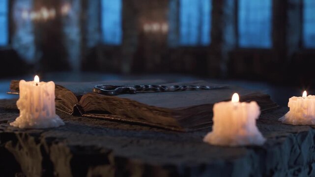 Gothic castle interior with weathered book, magic wand and melted candles glowing on stone altar, illuminated by soft moonlight through tall windows, creating mysterious, arcane vibe.