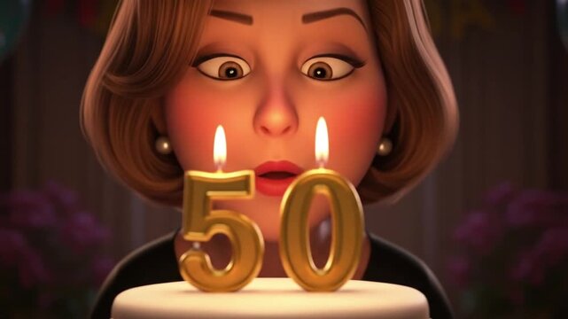 50th Birthday Surprise! Animated Woman Blows Out Candles on Cake - Powered by Adobe