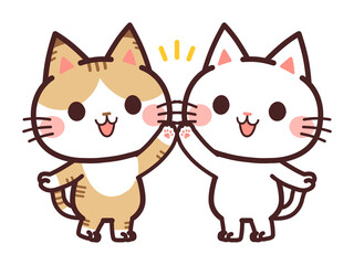 ハイタッチする猫のかわいいキャラクター　2匹　イラスト素材