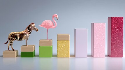 Zebra and Flamingo on Colorful Wooden Blocks