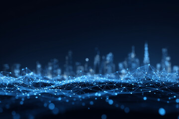 Abstract blue business communication, connected dots, network lines, glowing blue tech grid, tech city
