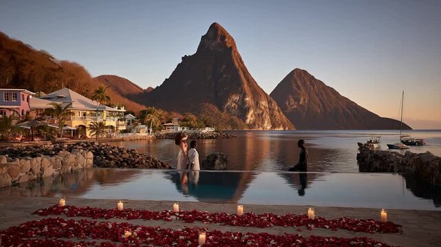Romantic Marriage Proposal in Saint Lucia Caribbean with Pitons Mountain and Rose Petals