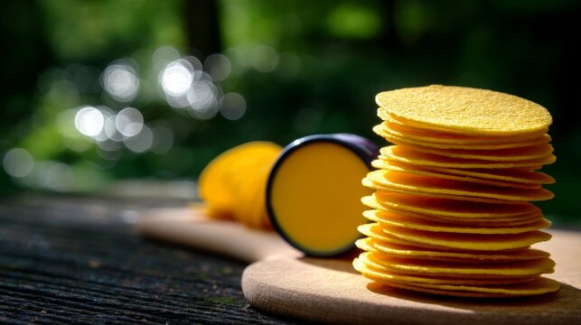 Gourmet Cheese Crisps with Dipping Sauce on Wooden Board, Elegant Overhead Composition with Bokeh Effect