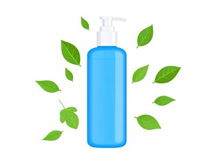 Blue bottle with pump surrounded by green leaves against white background for healthcare products