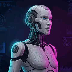 A futuristic humanoid robot with glowing blue eyes stands against a dark background illuminated by abstract digital data interfaces, representing advanced artificial intelligence.