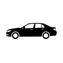 A sleek black sedan is depicted in a minimalist vector illustration, showcasing its clean lines and modern design against a stark white background, perfect for graphic design.