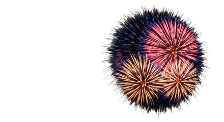 Fireworks burst in a circular pattern against a black backdrop.