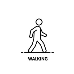 A minimalist black outline icon depicts a person in motion, illustrating the act of walking on a clean white background, perfect for web design.