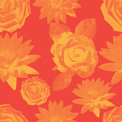 Seamless pattern roses and lilies with a retro photocopy effect. Flowers with leaves. Roses vintage. Grey color stippling technique. Texture of dots. Grunge vector rose. Seamless pattern roses, lilies