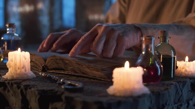 Mysterious individual reading by touch, guiding their finger over ancient pages in old book while various glass potion bottles shimmer around them, set in moody, medieval stone room.