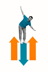 Composite artwork photo collage template sketch of young guy socked face stand balance arrow...