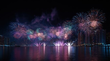 Obraz premium Colorful fireworks display over water