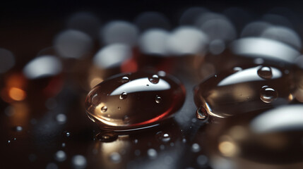 Close-up of softgel capsules with water droplets, reflecting light and texture. Focus on clarity, with a dark, blurred backdrop.