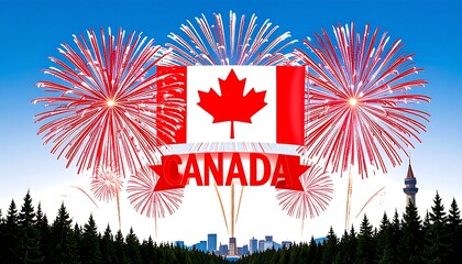 Fireworks display over Canada, with flag and city