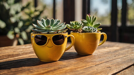 Yellow Cup with Sunglasses and Succulent Plant