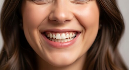 Close-up of a young woman's radiant smile, showcasing healthy, bright teeth and happy expression.
