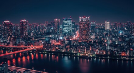 Fototapeta premium A sprawling city skyline at night illuminated by countless lights reflecting on