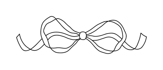 Whimsical coquette bow ribbon in hand-drawn doodle style. Cute outline element for feminine design, stationery, girly packaging, scrapbooking, planner stickers, and invitations. Vector illustration