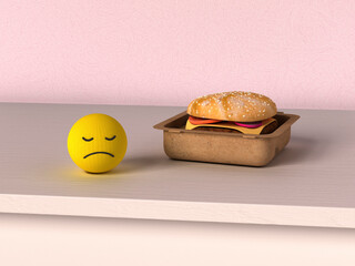 Sad emoji and unhealthy hamburger in humorous 3d wool rendering