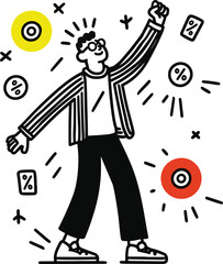 Happy Shopper Celebrating Discounts - Hand Drawn Vector Illustration with Percent Symbols and Target Icons